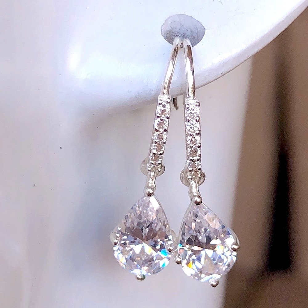 Diamond (Sim) Drop Sterling Silver Earrings - Picture 7 of 13